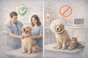 Illustration showing what pet insurance covers and does not cover
