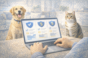 Illustration comparing pet insurance plans and prices in the United States