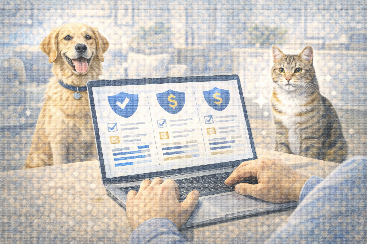Illustration comparing pet insurance plans and prices in the United States